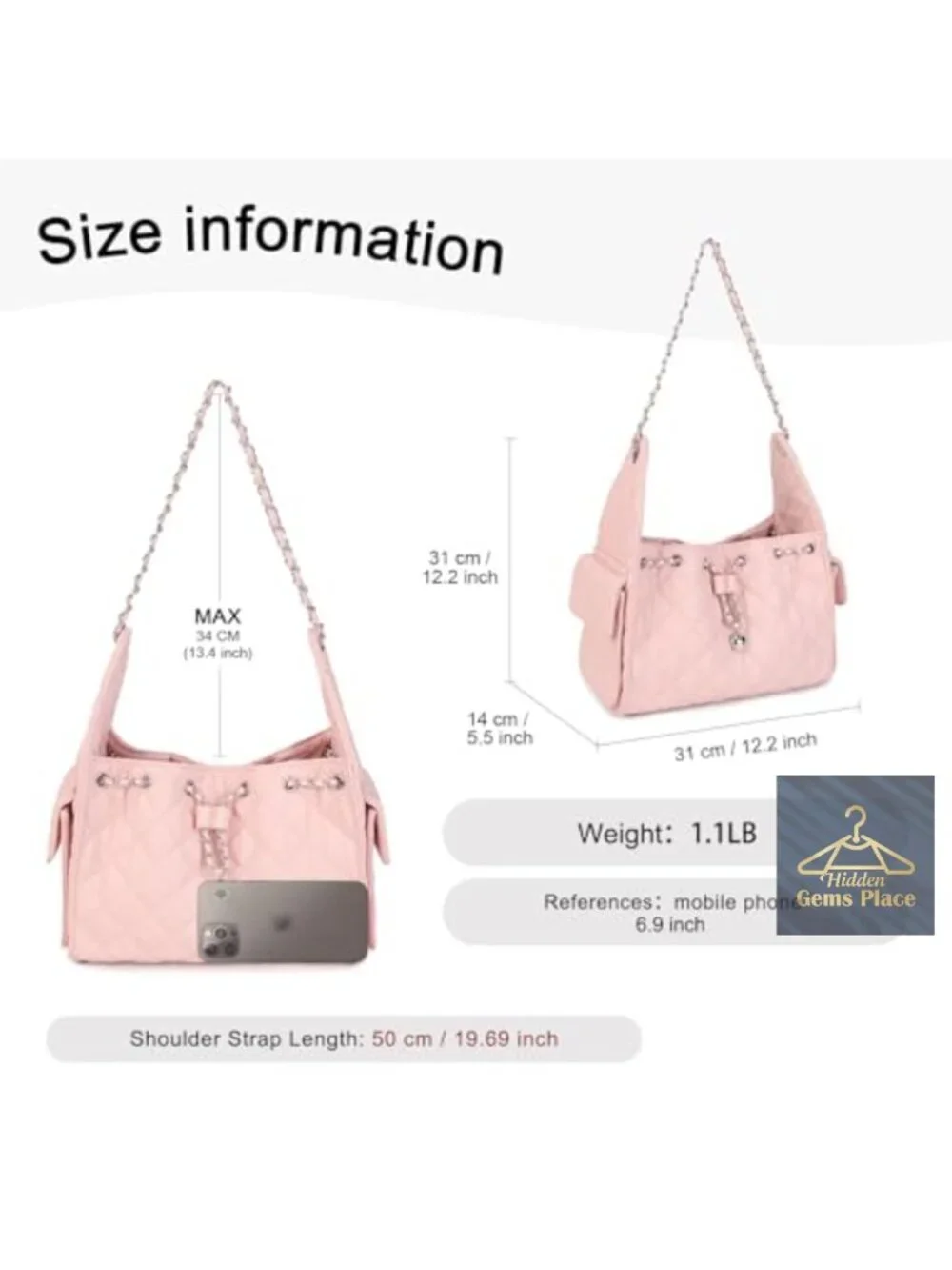 Vegan Leather Quilted Hobo Shoulder Bag with Chain Strap